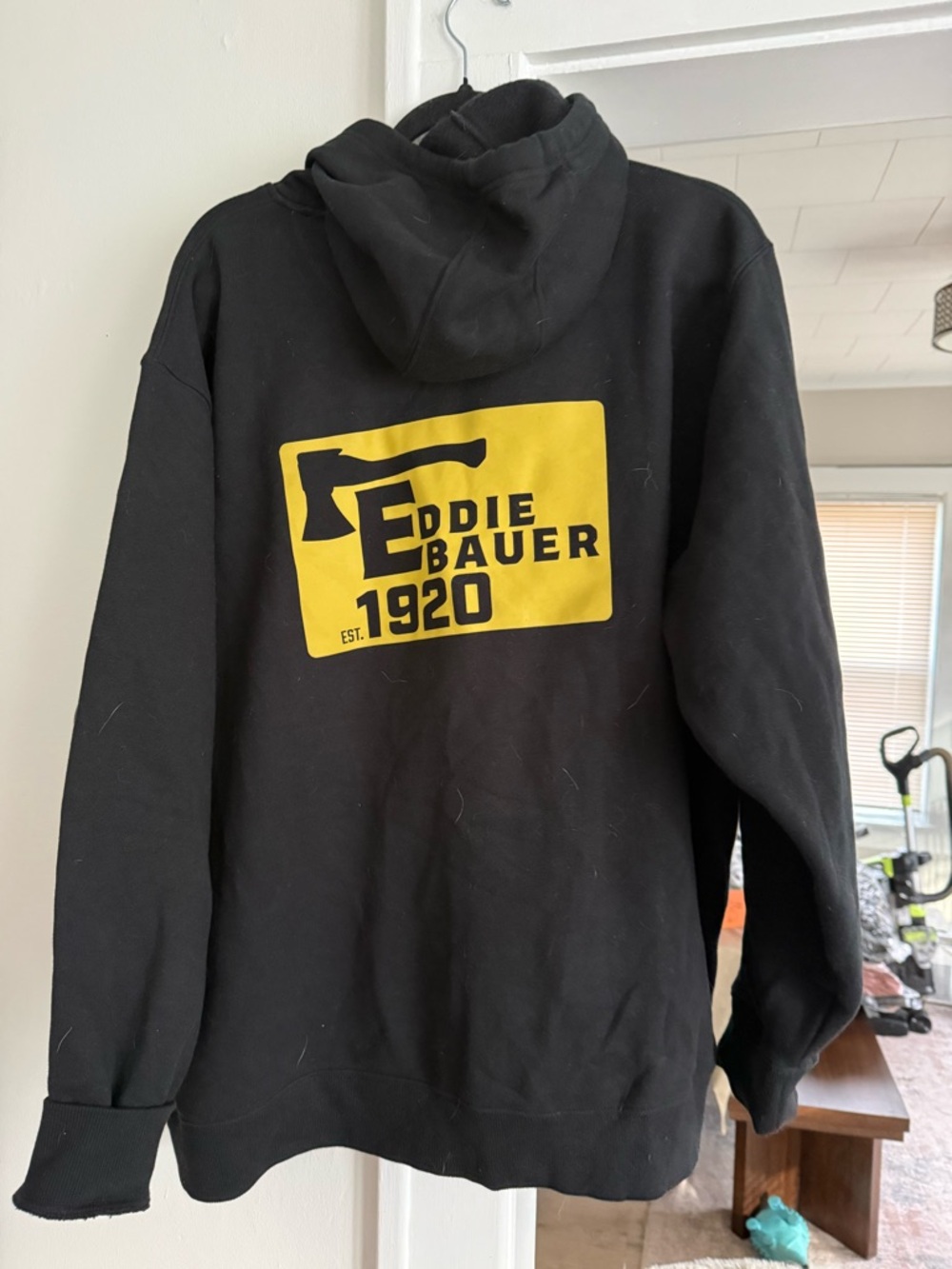 Eddie Bauer Black Hoodie with Yellow Back Logo Panel